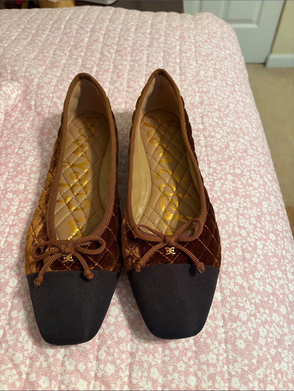 Sam Edelman Brown Quilted Velvet Flats with Black Cap Toe